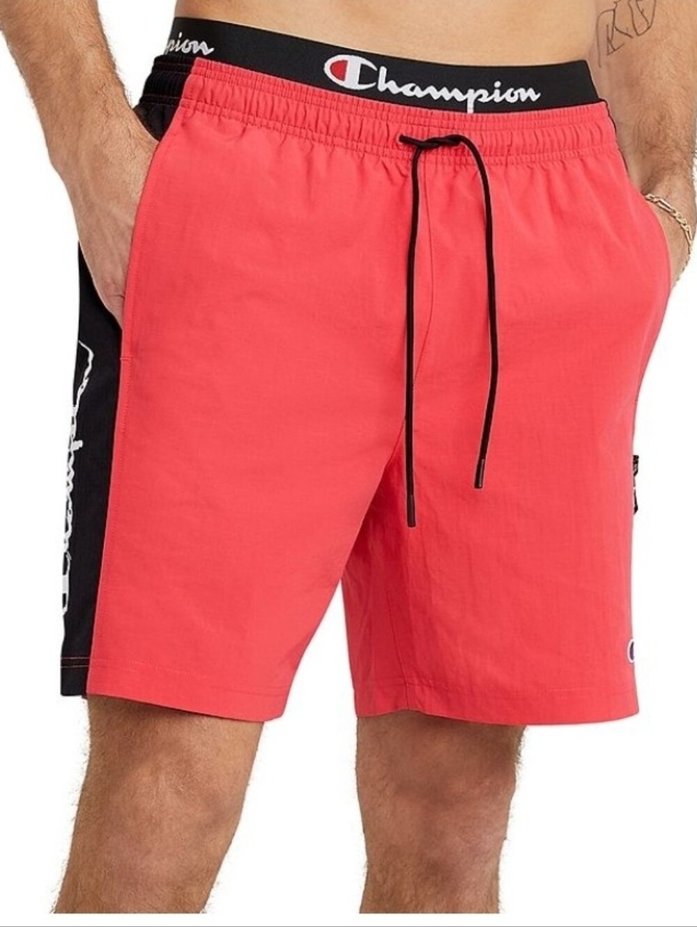 Champion Men’s Coral-Red Swim Board Shorts with Black Trim